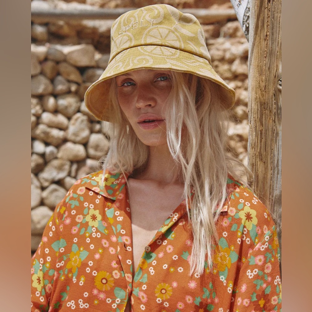 NWT Spell Pomelia Bucket Hat S/M ๐ Mustard Color Lemon Print - Picture 9 of 13